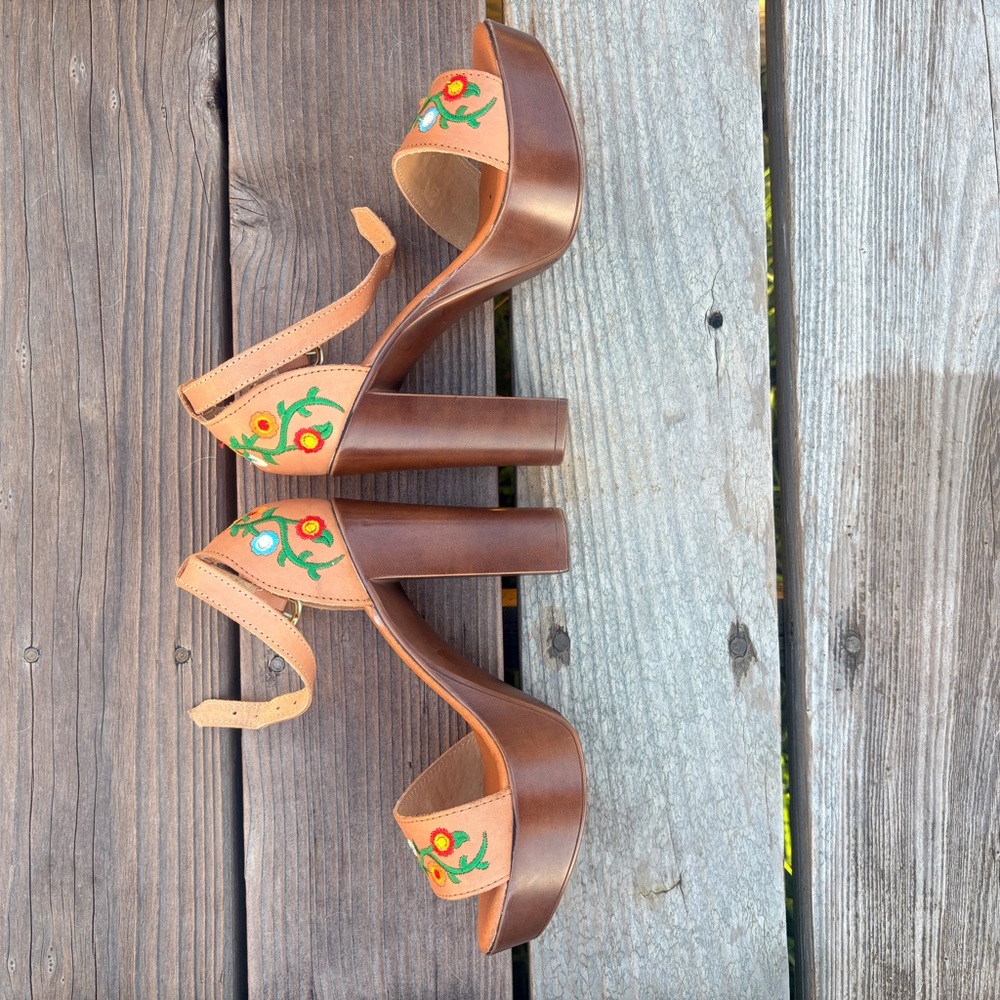 Tan Floral Embroidered Women's Heels - Picture 4 of 9